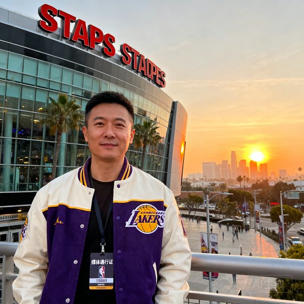 球迷网NBA特派记者李明，驻洛杉矶，穿着湖人队复古夹克站在斯台普斯中心球馆外，胸前挂着媒体通行证，背景是洛杉矶傍晚的天际线